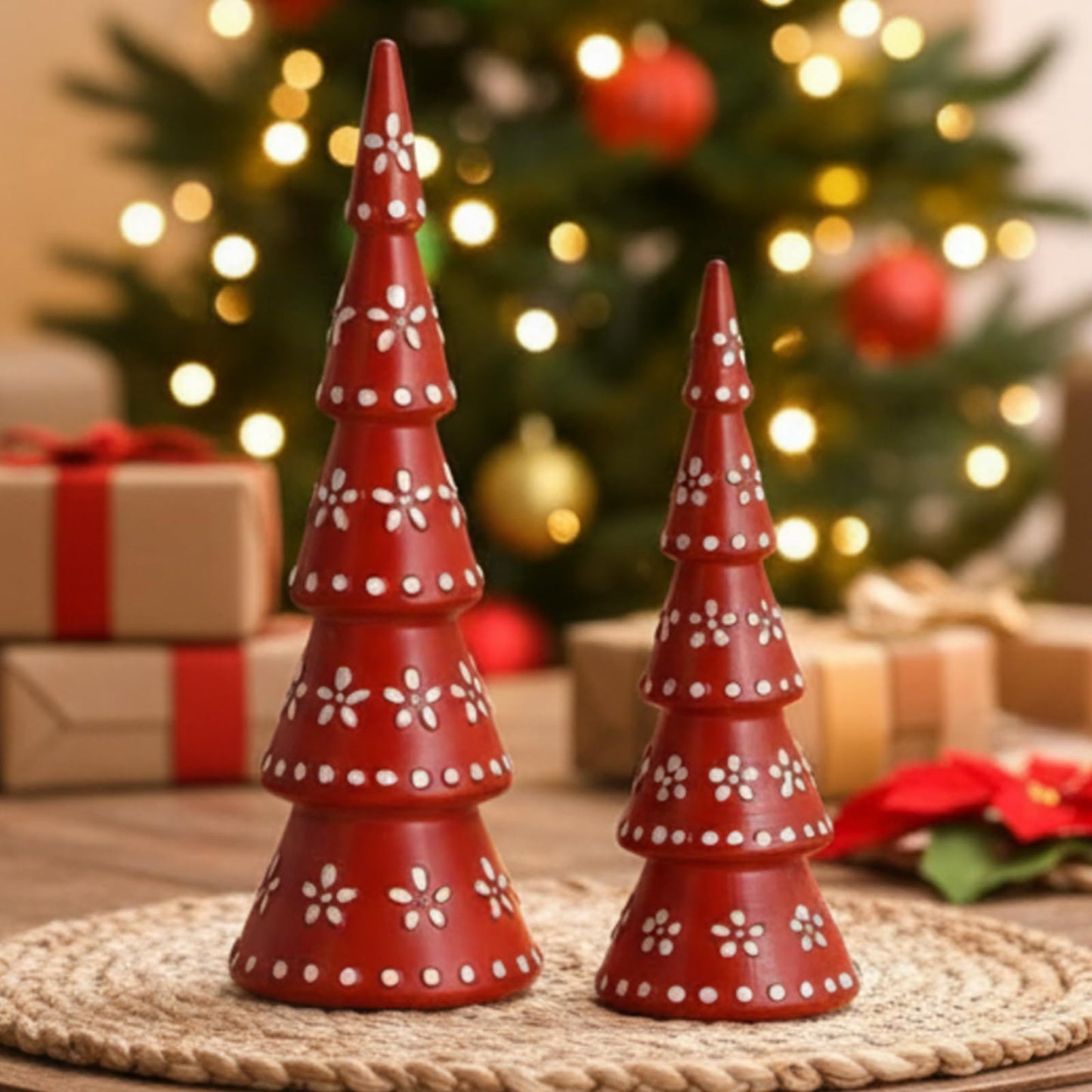 Geelin 2 Pcs De Barro Mexican Christmas Decorations Talavera Christmas Tree Figurines Boho Resin Decoration Terracotta Table Centerpiece for Accents Xmas Mantel Shelf Fireplace Gift