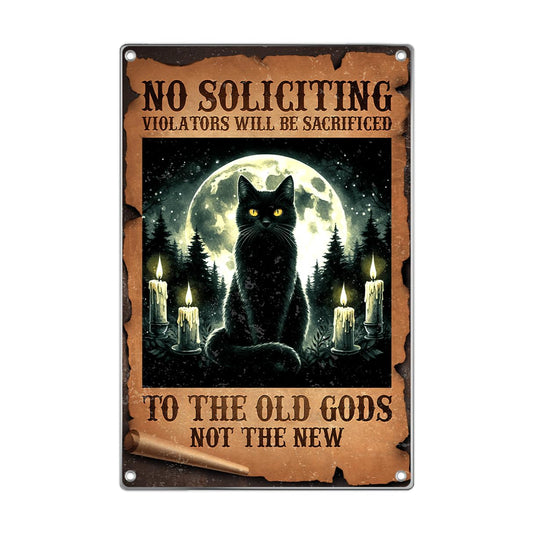 Gothic Black Cat No Soliciting Metal Sign Moon Candle Wall Art Outdoor Yard Decor Bathroom Home Decoration 8 x 12 Inch Indoor Aluminum Vintage Kitchen
