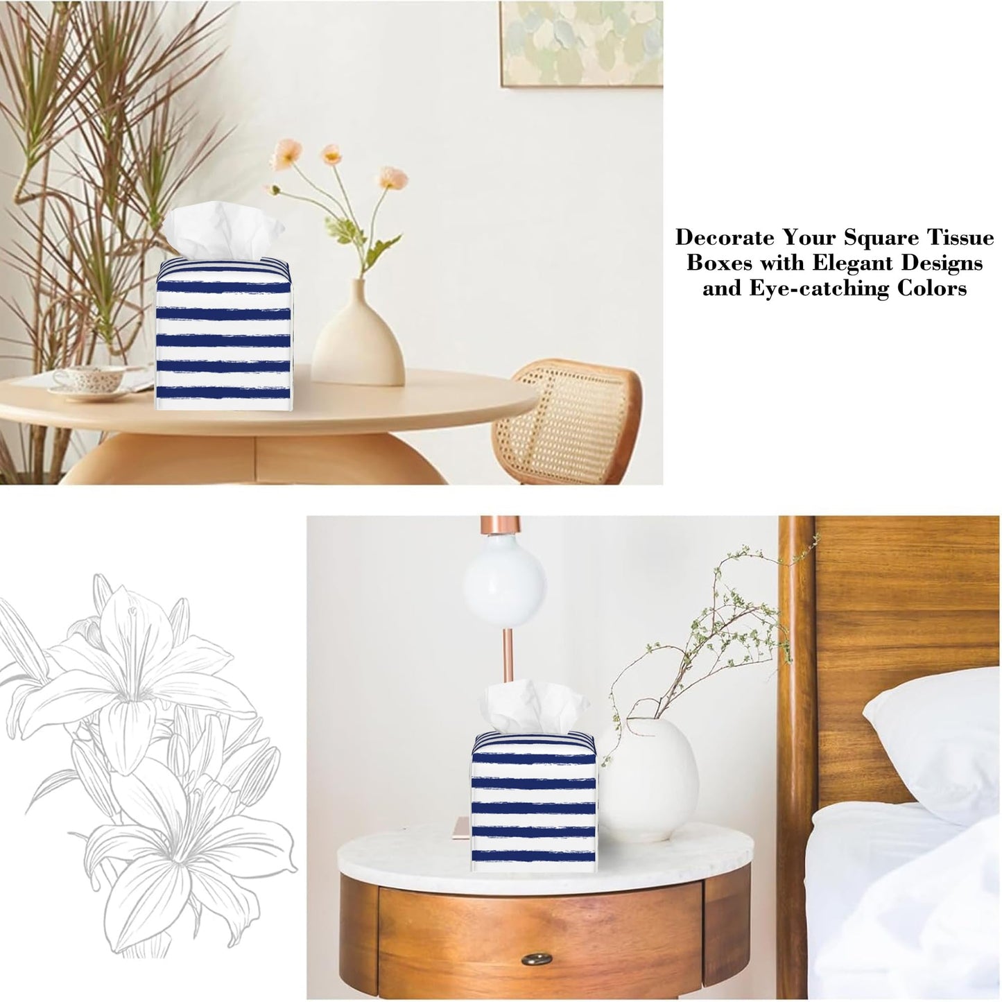 Navy Blue Stripes Tissue Box Cover,Color Horizontal Striped Waterproof Leather Square Tissue Box Cover Case Facial Paper Organizer Dispenser Box Holder for Home Office Bathroom Vanity Countertop