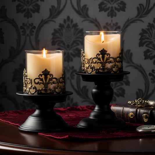 Woparty Gothic Hurricane Candle Holders, Black Metal with Glass Sleeve, Set of 2 Decorative Pillar Holders, 5.9 and 7.9 Inch Height, 4 Inch Diameter