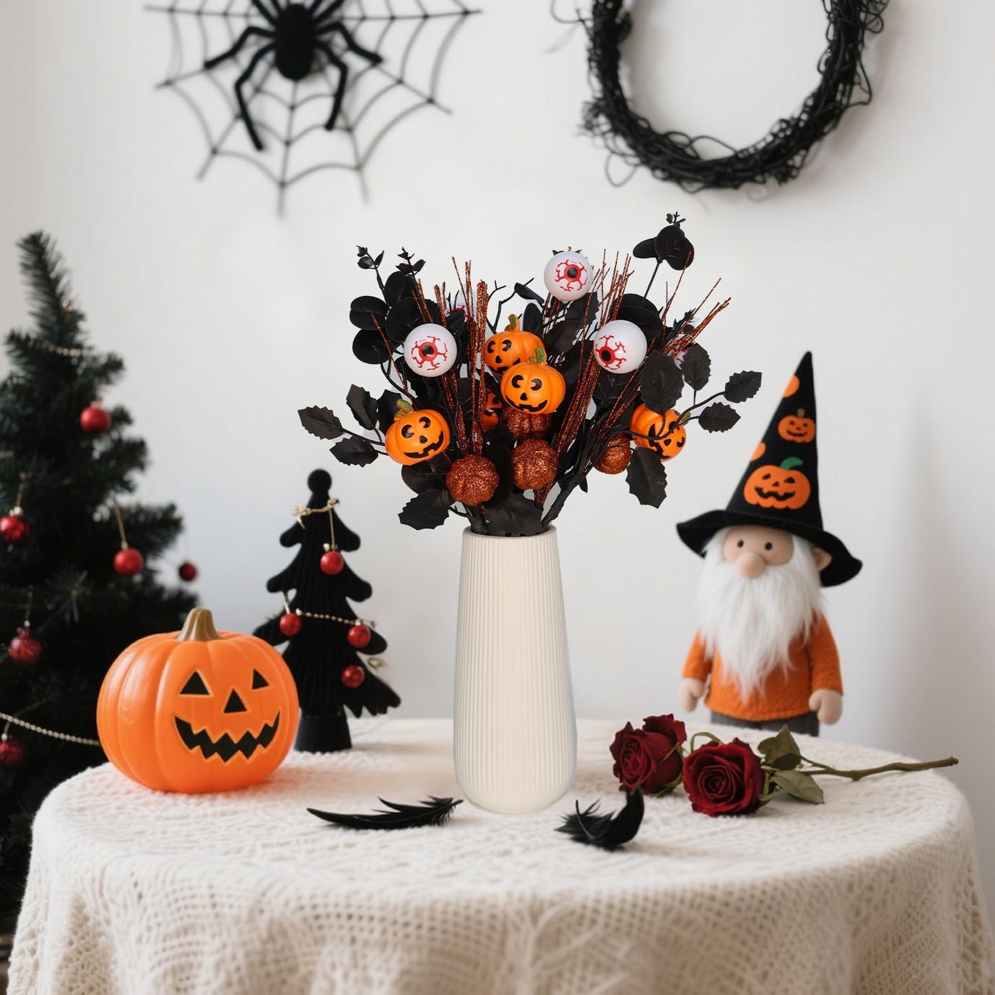 YLEALTH 5PCS Artificial Halloween Flowers,13.4 Inch Artificial Pumpkin Maple Leaf Floral Stems Branches &Eyeball Halloween Decoration for Indoor Home Farmhouse Party Table Vase Décor