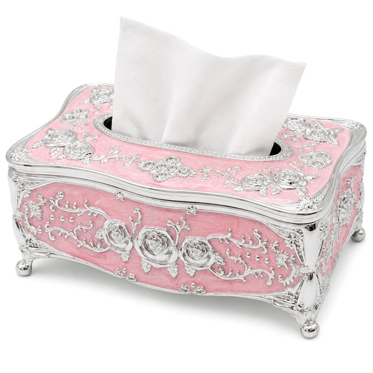 Vintage Acrylic Tissue Box Holder, Rectangular Facial Tissue Cover Dispenser with Rose Pattern, Decorative Napkin Organizer for Bathroom Vanity, Bedroom Nightstand, Car & Office (Silver Pink)