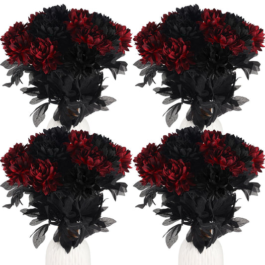 Tigeen 30 Pcs Black Burgundy Flowers Artificial Dahlias Gothic Flowers with Stems Faux Dahlia Long Stem for Wedding Halloween Bridal Bouquet Harvest Table Centerpieces Home Decor Floral Arrangements
