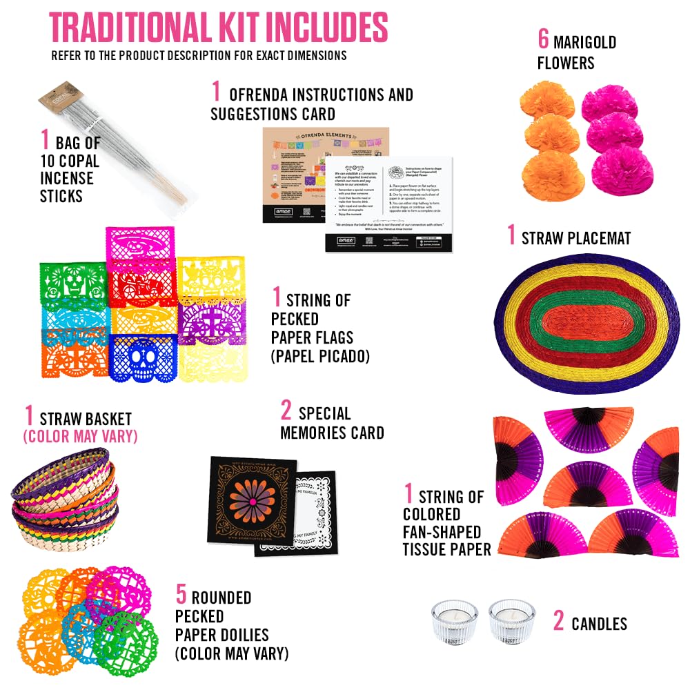 Dia de Los Muertos Ofrenda/Day of The Dead Altar Decor Complete -kit: All You Need to Set-up Your Traditional Dia de Muertos Ofrenda : Flowers, Candles, Day of The Dead Incense & More.