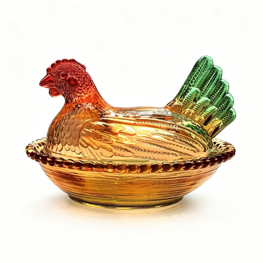 FIEATES Candy Dish with Lid Glass Hen on Nest Vintage Funny Candy Dishes Snack Bowl for Nuts, Dessert, Cookies, Biscuit, Decorative Jar Home Kitchen Office Tabletop Decor (Glazed Color)