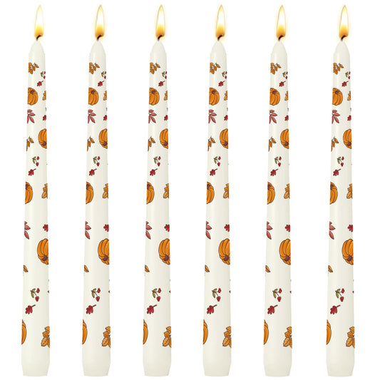 6 Pack Printed Taper Candle Set for Home Decoration, 10 Inch Ivory Candlesticks with Pumpkin and Yellow Leaves Pattern for Dinner Holiday Seasonal Celebration, Dripless and Smokeless Candle