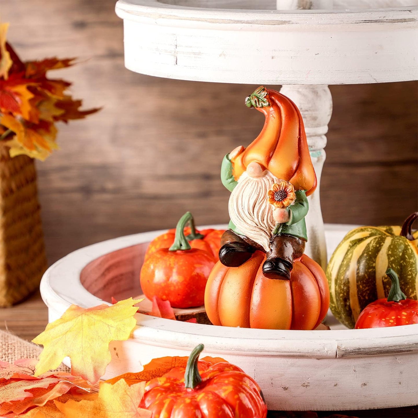 Jetec Fall Thanksgiving Gnome Statue Pumpkin Gnome Decoration White Beard Figurine Autumn Resin Dwarf Elf Statue for Porch Garden Outdoor Yard Fall Thanksgiving Decorations, 6.7 Inch Tall(Cute)