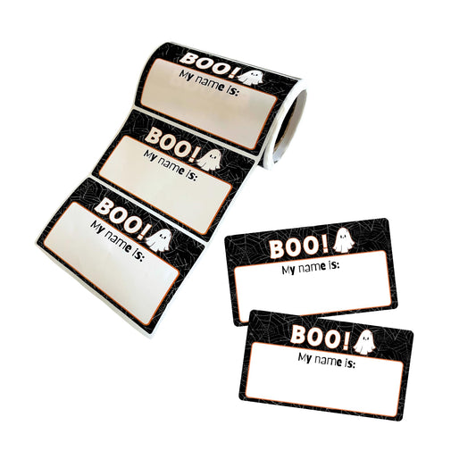 Boo My Name is Halloween Name Tags 100 pcs/Roll 2x3.5” Black with Spiderwebs and Ghosts Orange Party Hello Classroom Border Labels Gift Sticker Office 1 Design