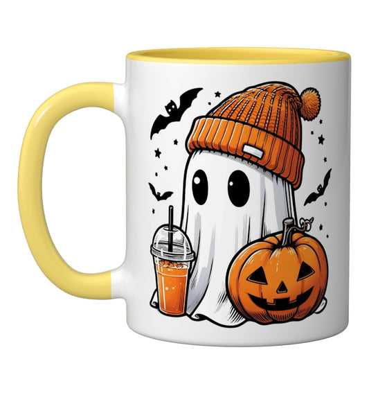 Cute Ghost Coffee Knit Pom Beanie Cuff Hat Pumpkin Halloween Ceramic Mug, Yellow/White