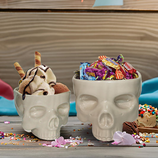 CAAHANJIA Skull Bowl 2Set, Ceramic candy bowl, halloween decor and skull decor, Microwave & Dishwasher Safe (Bone-colored) 50 OZ & 12 OZ
