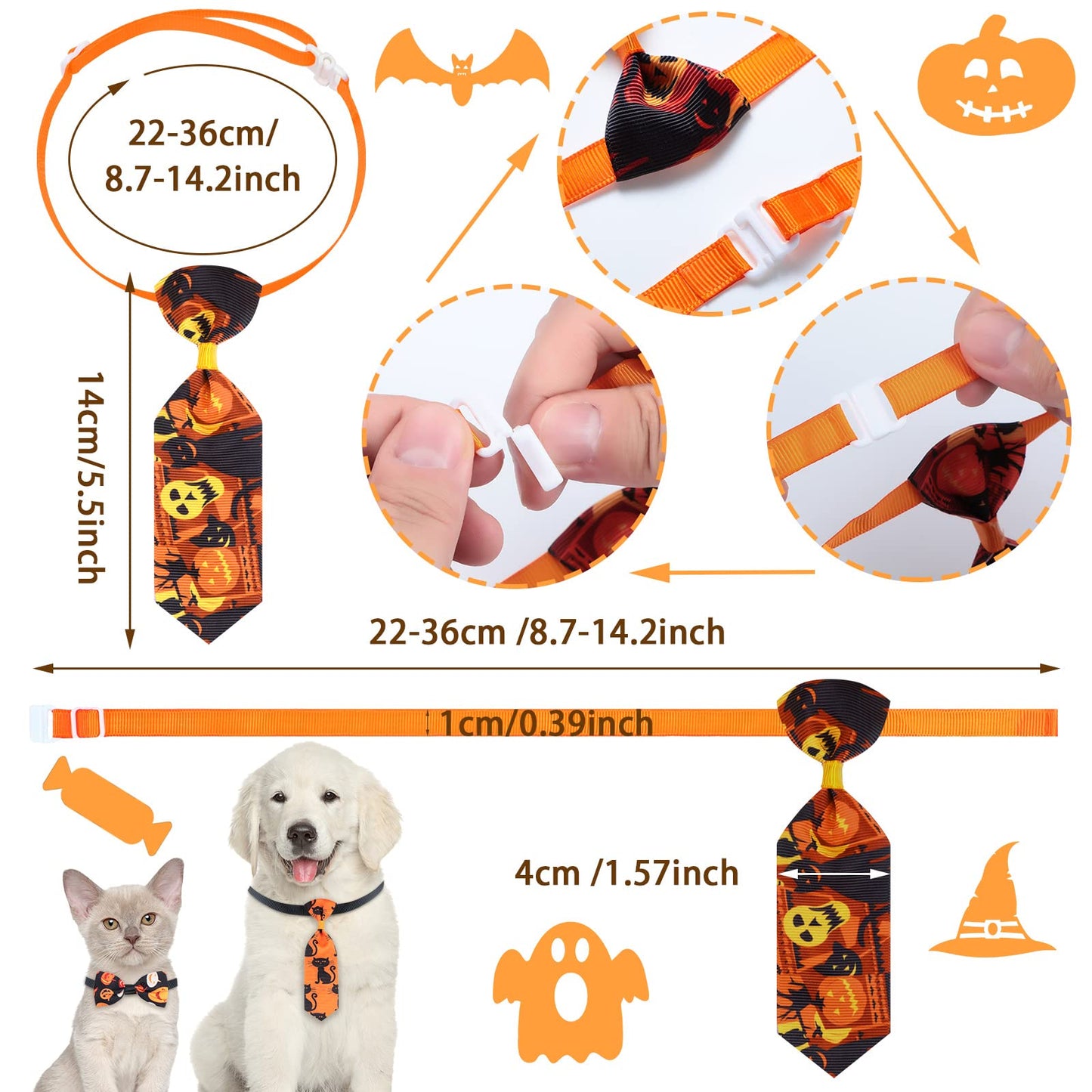 Sadnyy 60 Pcs Dog Bows Dog Collars Thanksgiving Halloween Pet Ties Pumpkin Ghost Adjustable Halloween Pet Bowtie Collar Includes 24 Neck Ties and 24 Bowties 12 Bowknot Set