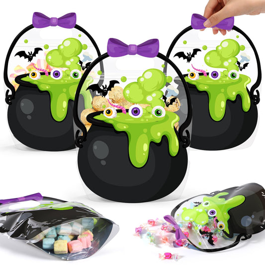 Fuutreo 50 Pcs Halloween Bags Plastic Halloween Goodie Bags with Handles Scary Holiday Sealed Pouch Sealing Cauldron Treat Candy Pouch for Scary Holiday Party Candy Gift Supplies Decoration(Cauldron)