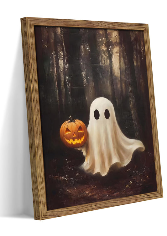 Vintage Halloween Ghost Wall Art, Gothic Cute Ghost Pumpkin Canvas Wall Decor Paintings, Dark Academia Spooky Fall Forest Prints Pictures for Living Room Bedroom 12x16 Inch Framed