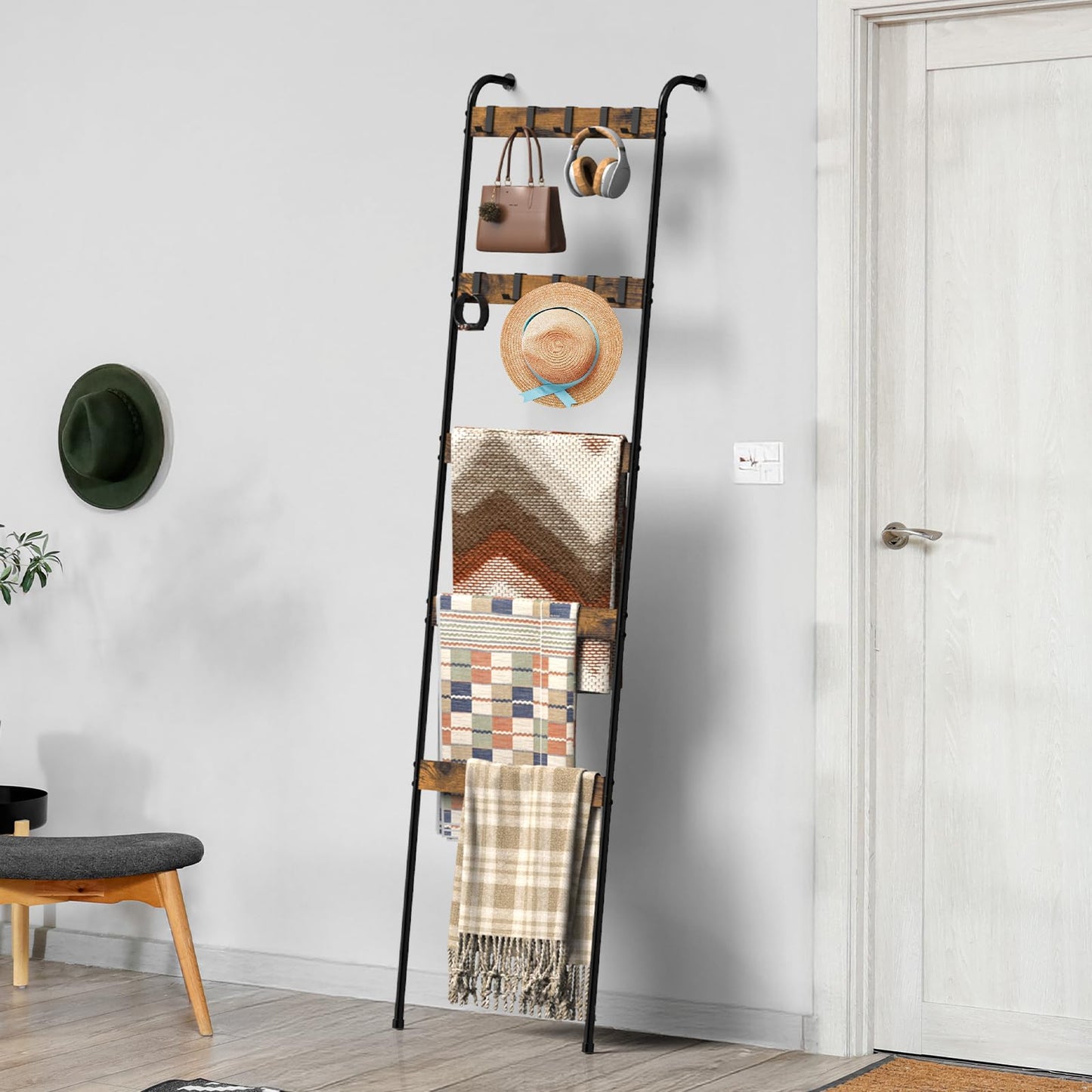 Blanket Ladders for the Living Room 5 Tier Towel Ladder for Bathroom with 10 Removable Hooks Wall Leaning Quilt Rack for Bedroom Display Rustic Farmhouse Home Decor, Rustic Brown
