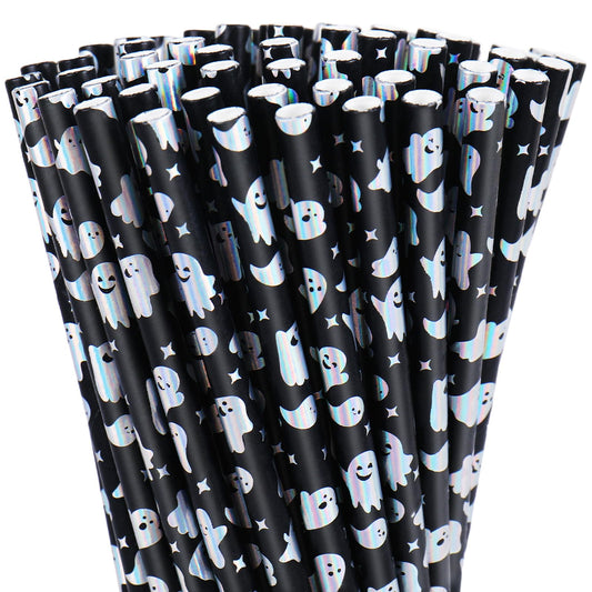 Whaline 200Pcs Halloween Paper Straws Iridescent Ghost Disposable Straws Black Silver Laser Ghost Drinking Straw for Halloween Spooky Party Supplies