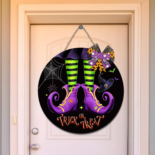 Halloween Witch Door Sign Trick or Treat Door Hanger Halloween Wooden Door Wreath with Bow Witch Decoration for Holiday Indoor Outdoor Party Home Wall Decor