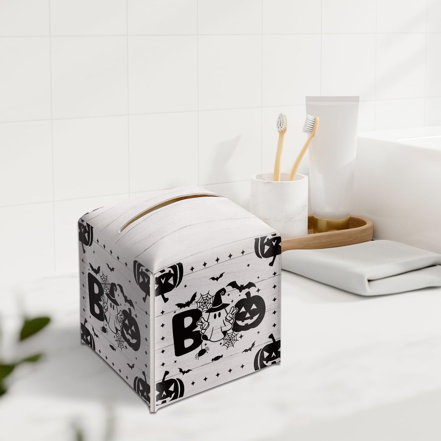 Boo Halloween Tissue Box Holder, Black Spooky Pumpkin Leather Tissue Box Cover Square, Horror Facial Paper Organizer Dispenser Toilet Paper Holder for Bathroom Kitchen Office Home Decor-A11