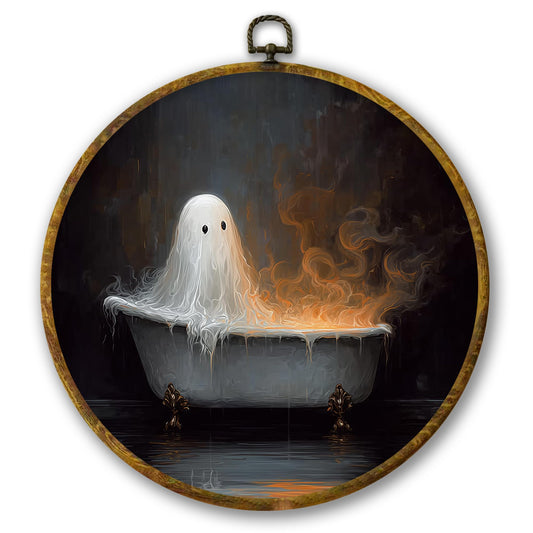 Mcehtle Halloween Ghost Bathroom Wall Art Decor, Whimsical Dark Academia Gothic Home Framed Canvas Prints 8.6x11.4, Spooky Black Halloween Round Wall Hanging Artwork Decorations for Toilet Bathroom