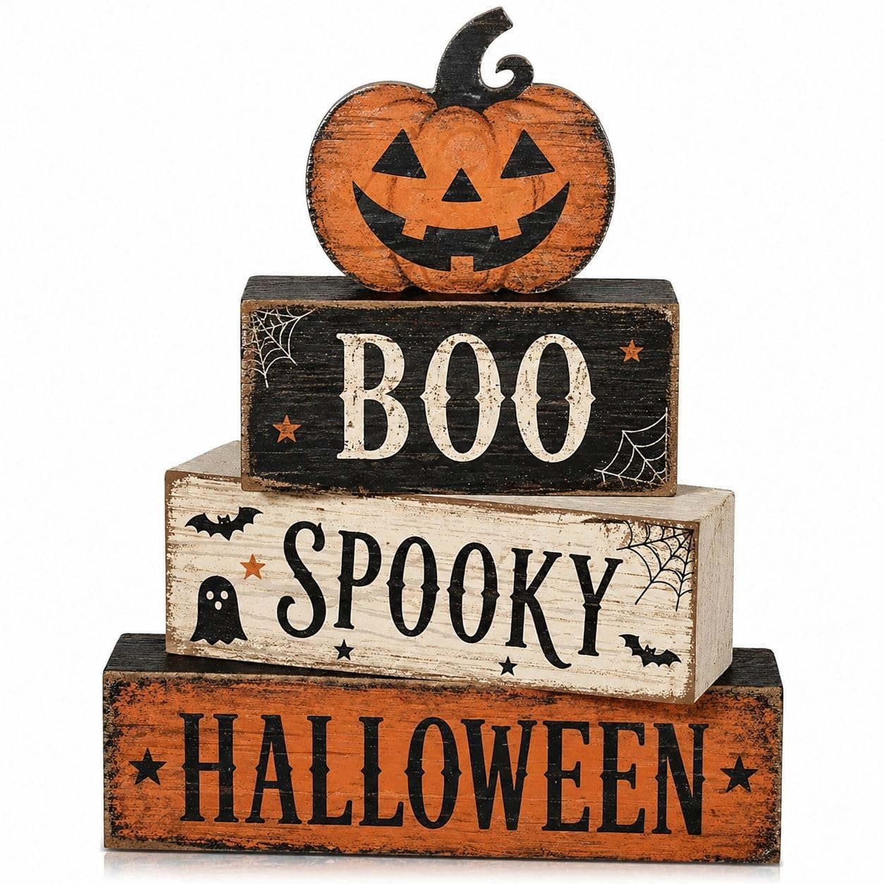 4 Pcs Halloween Table Decorations, Spooky Boo Tiered Tray Decor, Wooden Block Signs with Jack-O-Lantern, Farmhouse Rustic Tabletop Centerpiece for Home Shelf Kitchen Coffee Bar
