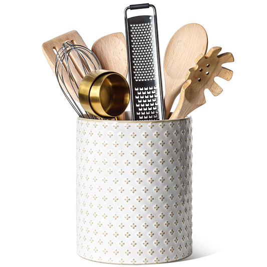 LE TAUCI Utensil Holder for Kitchen Counter - 7.1" Large Ceramic Utensil Crock, Cooking Utensil Organizer for Spatula, Spoon, Whisk - Farmhouse Kitchen Countertop Storage, Embossed, Clover