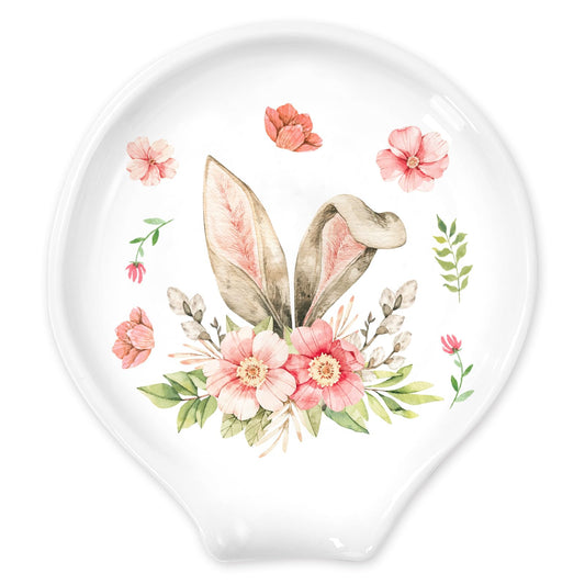 JarThenaAMCS Easter Spoon Rest Spring Bunny Flower Ceramic Spoon Holder Watercolor Rabbit Ears Floral Sauce Dishes Ring Dish for Coffee Station Accessories Stirrers Bar Kitchen Home Office Decor