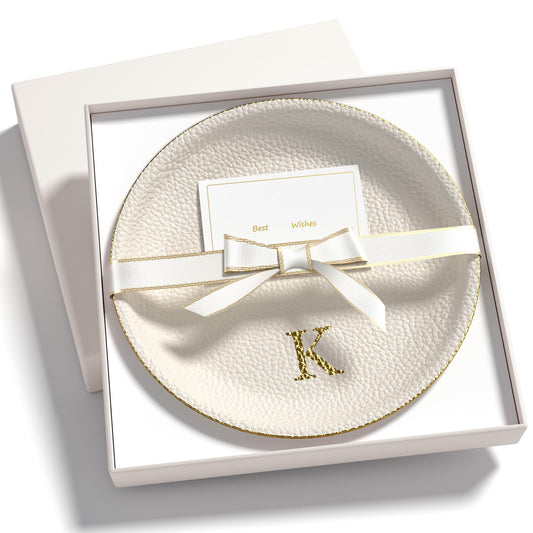 AUTYANL Initial Jewelry Dish for Women, Shatterproof Vegan Leather Ring Holder with Stainless Steel Core, Personalized Monogram Trinket Tray, Birthday Bridesmaid Gift with Box (Cream Letter K)