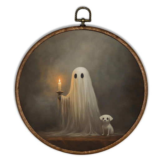 XBBMGG Vintage Halloween Ghost Dog Wall Art Decor, Dark Ghost Holding Candle Round Wall Hanging Decor, Whimsical Spooky Victorian Framed Canvas Prints for Home Bedroom Living Room Decorations, 10x10