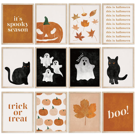 JarThenaAMCS 12Pcs Halloween Wall Art Prints Boho Ghost Pumpkin Black Cat Art Poster Black Orange Wall Decor For Fall Gallery Living Room Bedroom, UNFRAMED, 11 x 14 Inch