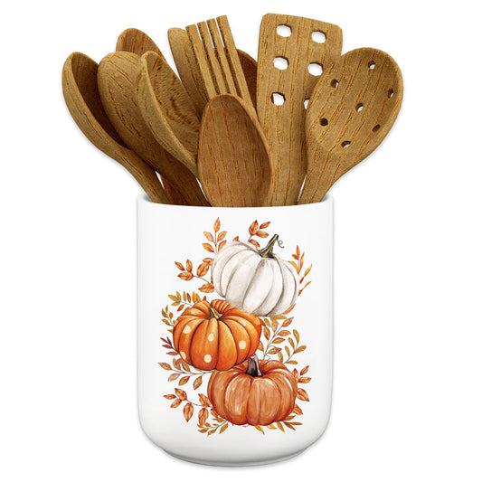 JarThenaAMCS Fall Ceramic Utensil Holder Watercolor Pumpkin Leaves Utensil Crock for Autumn Harvest Thanksgiving Home Kitchen Countertop Storage Organizer Container
