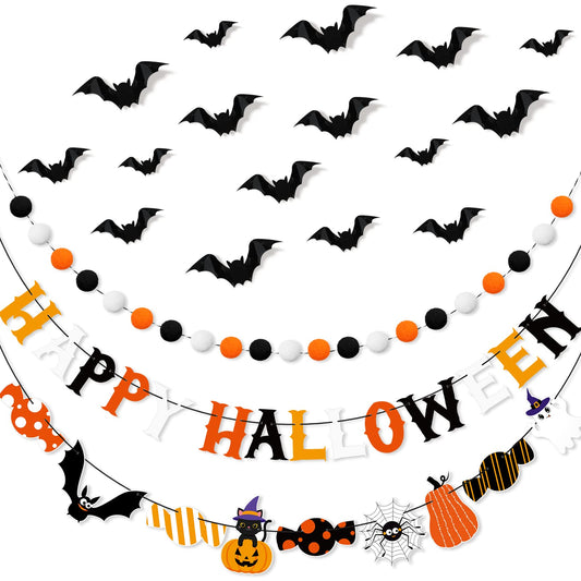 Hotop Halloween Banner Set: Pom Pom Garland, Candy Banner, Bat Decorations for Party Decor