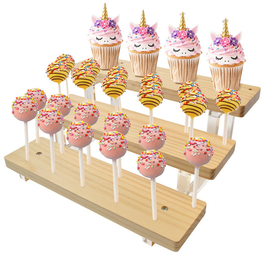 Riqwm Iro 3 Tier Cake Pop Stand Display Riser，33 Holes Wooden Lollipop Holder，Acrylic Pine Wood Sticks Dessert Display Stands for Party Weddings Birthday Christmas halloween Day Candy Decorative