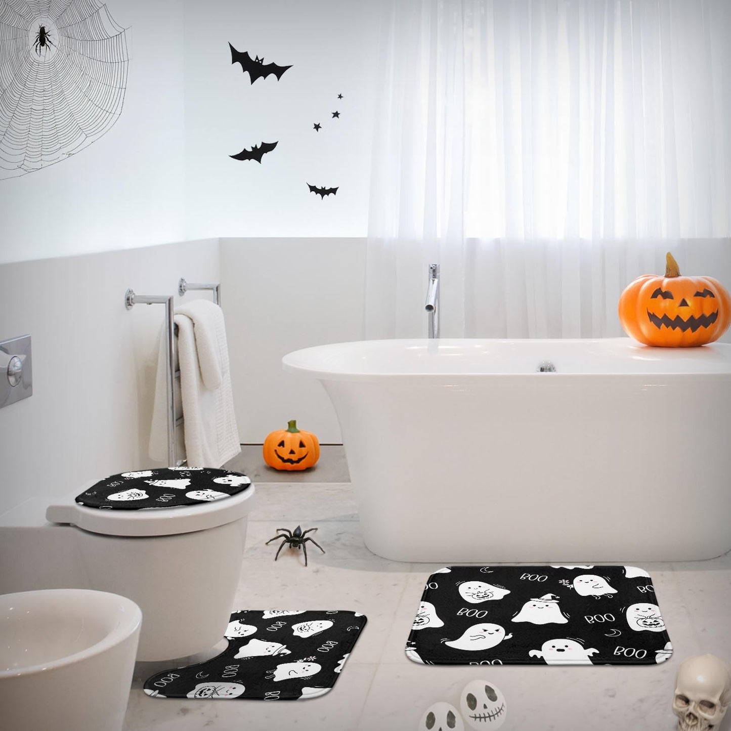 Britimes Halloween Cute Ghost Bathroom Rug Set of 3, 3 Pieces Bath Mats Set, Black Funny Horror No Silp Washable Cover Floor Rug Decorations for Kitchen Bathroom Bedroom