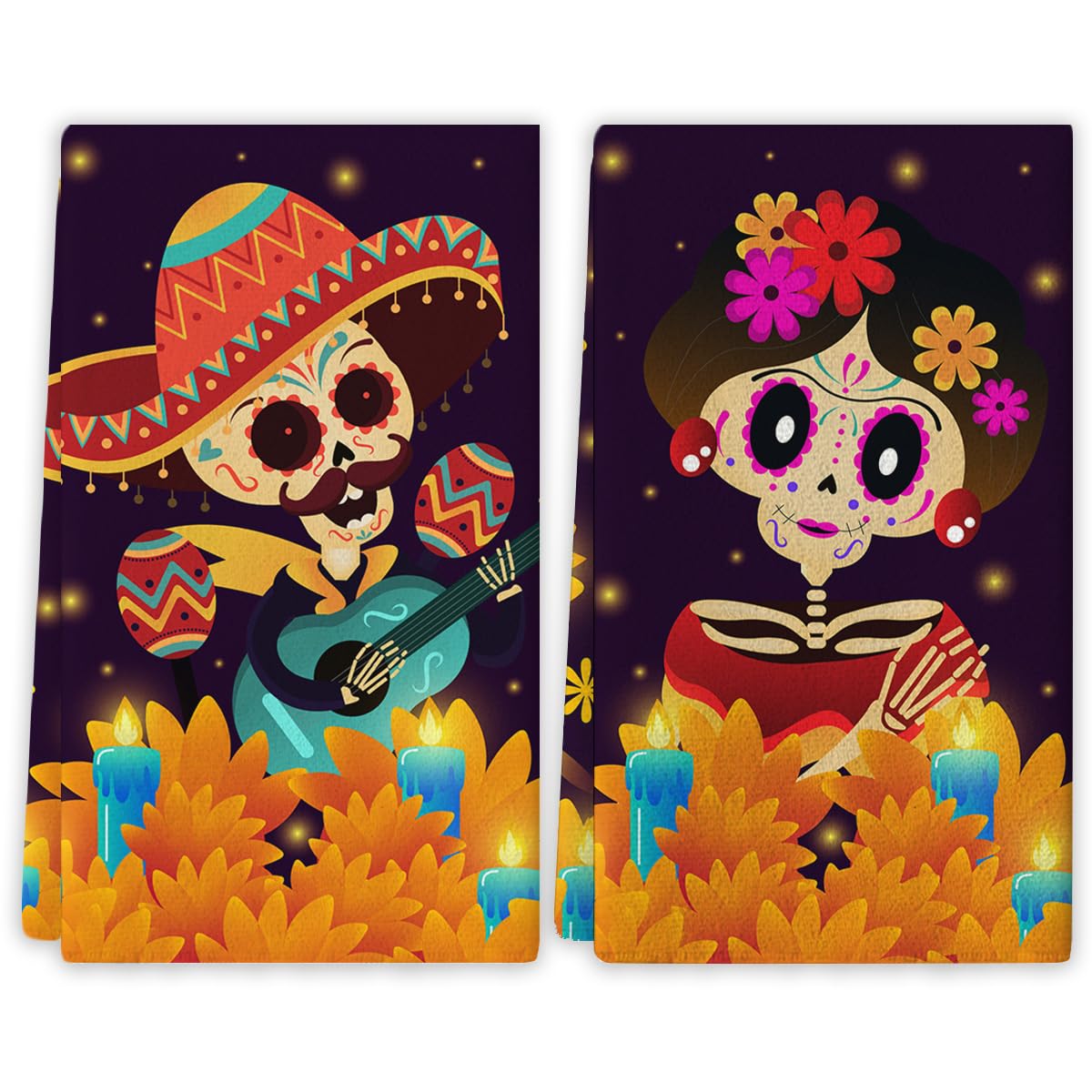 Yarcooly Day of The Dead Dish Towels for Kitchen Dia De Los Muertos Kitchen Towels Mexican Sugar Skull Marigolds Floral Decor Day of The Dead Decorations for Home Party