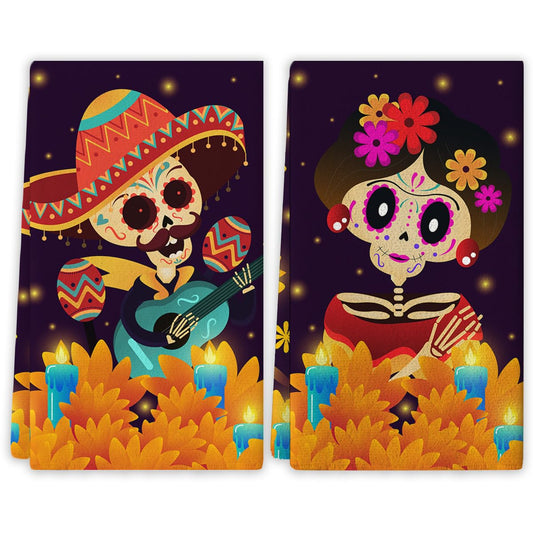 Yarcooly Day of The Dead Dish Towels for Kitchen Dia De Los Muertos Kitchen Towels Mexican Sugar Skull Marigolds Floral Decor Day of The Dead Decorations for Home Party