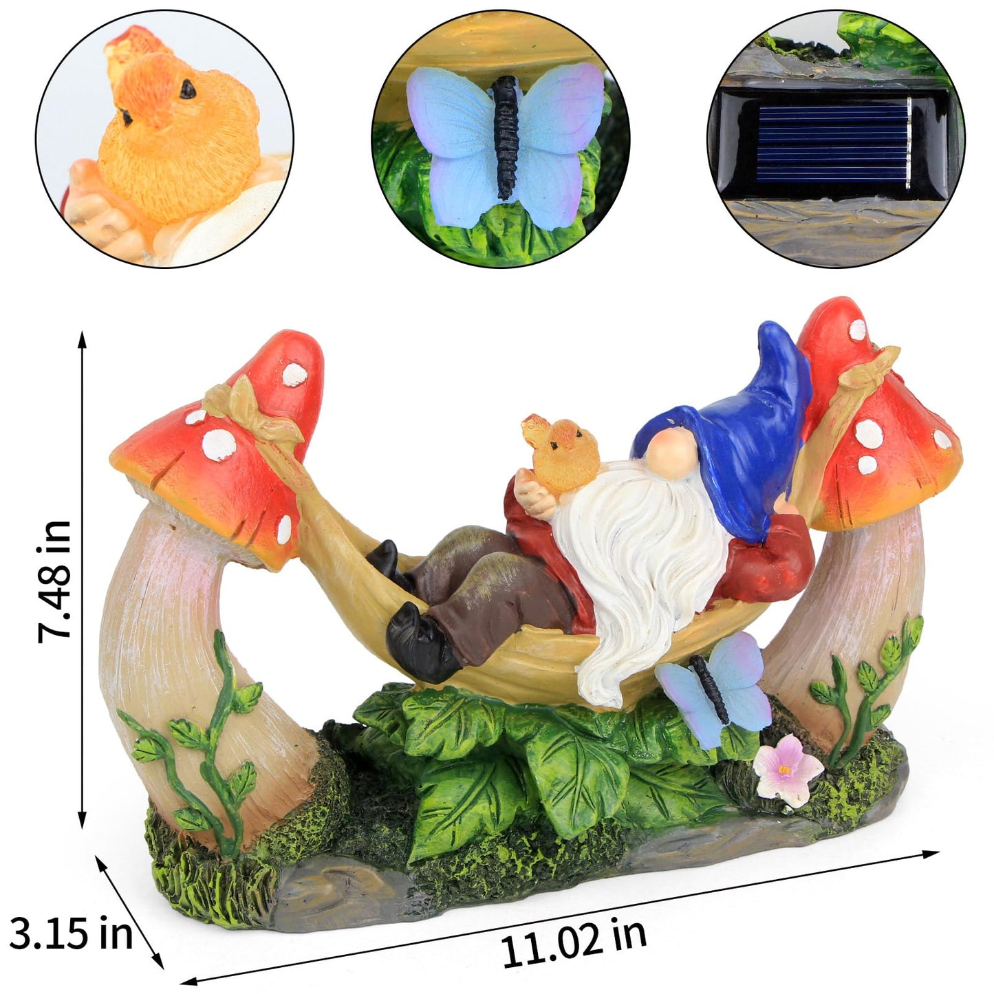 Sinhra Outdoor Garden Gnome Statue,Solar Gnomes Figurine Lying on Hammock with Bird and Mushrooms,Outdoor Garden Decoration for Patio Yard Lawn Porch,Gifts for Mom/Grandma/Women