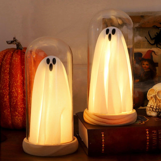 Halloween Decorations Indoor, Light Up Ghosts in Glass Domes with Wood Base, Cute Halloween Decor for Table, Fireplace, Bookshelf – Spooky Halloween Decor Kit (2 Pack)