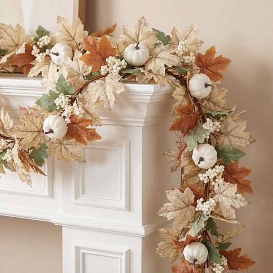 Pre - Lit Fall Garland, Fall Decor with Maple Leaves & Pumpkins, 6FT Seasonal Wreath for Home Decorations & Displays (Warm Lights)