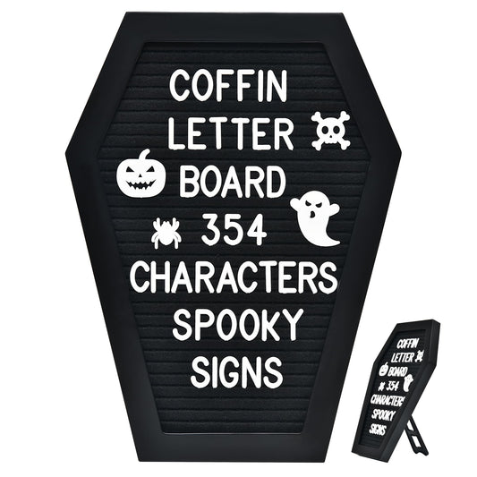 Coffin Letter Board - 354 Characters Spooky Halloween Characters with Wooden Stand and Canvas Bag - 10x7 Inches Small Size - Felt Message Board for Home Office Halloween Supplies & Decor (Black)