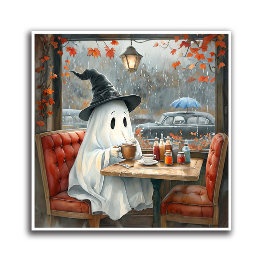 Halloween Ghost Coffee Canvas Print Spooky Witch Hat Autumn Leaves Wall Art Vintage Rainy Window Decor for Home Cafe Office 16x16in Frameless