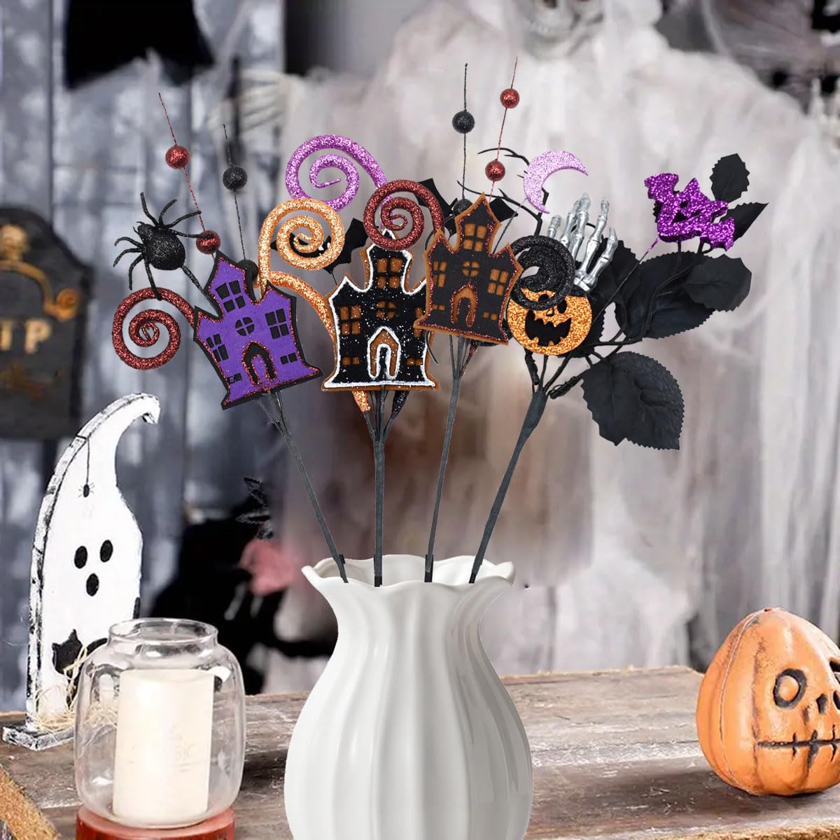 4 Pcs Artificial Halloween Floral Picks Purple Orange Black Berry Stems Halloween Tree Branches for Flower Arrangemant Table Centerpiece Halloween DIY Crafts Festival Home Decoration (Orange)