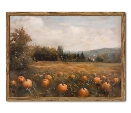 Framed Vintage Pumpkin Wall Art, Farmhouse Pumpkin Field Pictures Wall Decor, Rustic Harvest Landscape Paintings Canvas Prints Country Fall Home Decor for Living Room Kitchen 12×16 inch