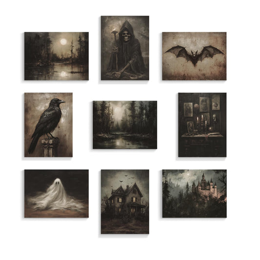 abrtolpffo Halloween Wall Art Halloween prints 9 Pieces 8x10in Dark Academia Wall Decor, Spooky Ghost Witch Raven Bat Haunted House Pictures, Dark and Moody Forest Landscape Art Gothic Decor
