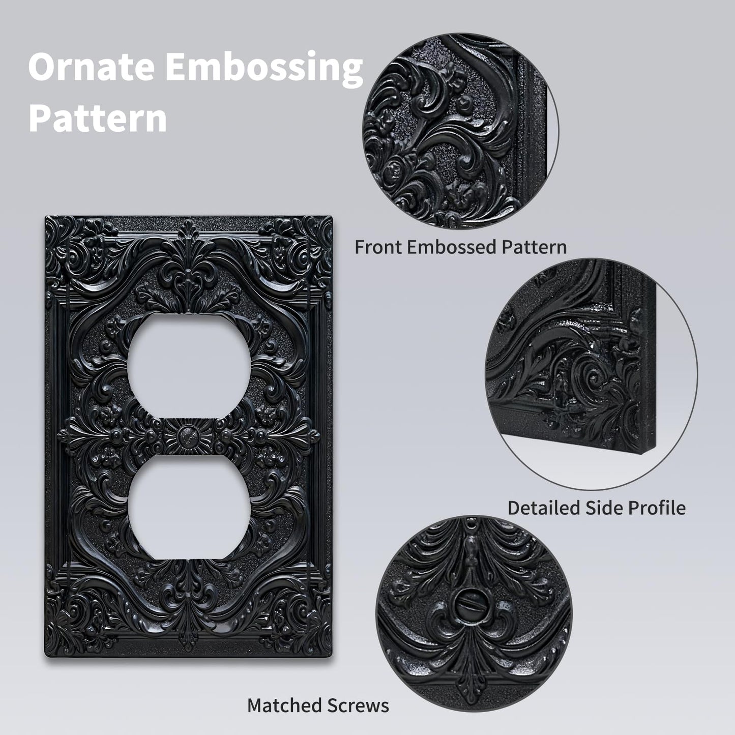 CZRPKEN Decorative Outlet Cover Black Luxury 3D Embossed Ornate Floral Design 1 Gang Duplex Light Switch Cover Plate Unique Wall Plate Electrical Switch Plate Covers for Elegant Home Wall Decor