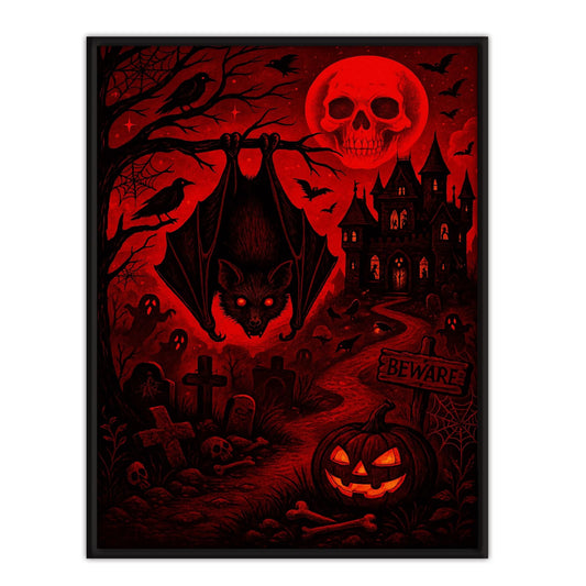 Halloween Gothic Framed Wall Art, 16x12 Vertical Black Frame, Haunted Castle Skull Moon Bat Graveyard Ink Print for Spooky Home Decor