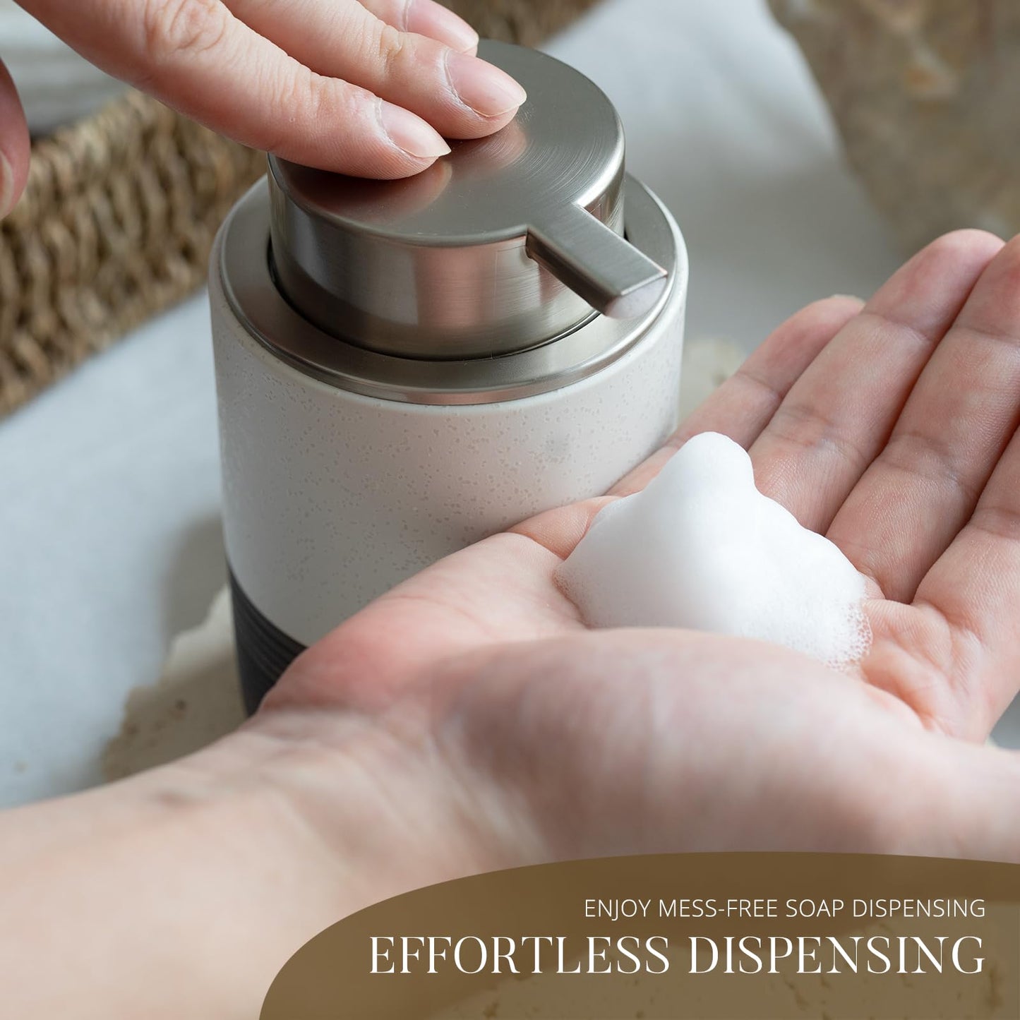 EMPO Ceramic Embossed Press Foam Hand Soap Dispenser - 300ml Large Capacity Facial Cleansing Bottle and Liquid Soap Dispenser for Kitchen Bathroom with Mousse Lotion Pump (White)