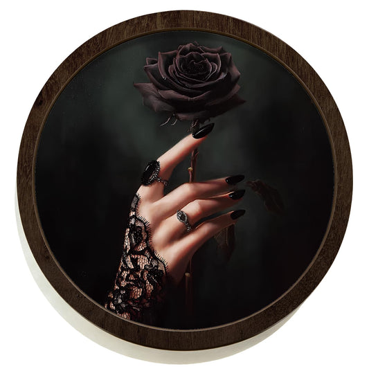 SkyCozy Vintage Gothic Witchy Rose Floral Framed Wall Art Decor, Dark Academia Moody Goth Witch Black Flower Round Wooden Hanging Wall Decor for Home Bedroom Living Room Gallery, 10x10 Inch