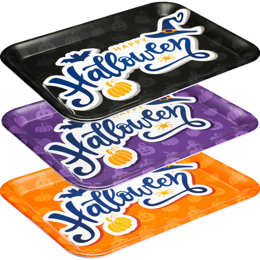 Zubebe 3 Pcs 13 x 10 Inch Halloween Serving Tray, Reusable Serving Dishes, Black Orange Purple Platter, Pumpkin Bat Witch Hat Trays, Snacks Fruit Dessert Candy Holder Dishes for Halloween Party