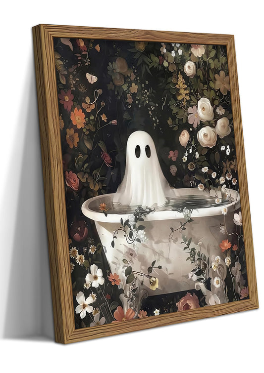 Halloween Bathroom Wall Art, Cute Halloween Bathtub Ghosts Floral Canvas Wall Decor Painting, Vintage Creepy Ghosts Artwork Prints Pictures for Living Room Bedroom 12x16 Inch Wood Framed