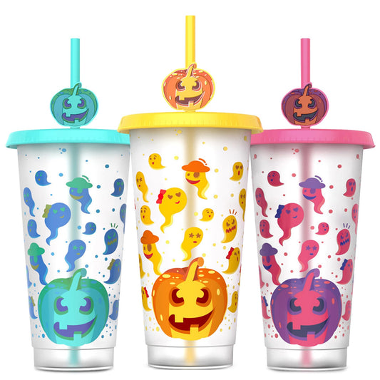 Ftabernam Halloween Color Changing Cups, 3-Pack 24 oz Plastic Cups with Lids and Straws, Tumblers and Water Glasses for Adults, Kids Party, Cute Cup for Ice Drink