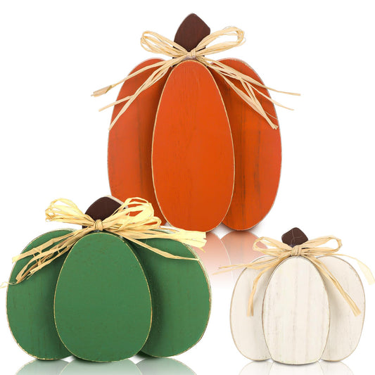 Ferraycle 3 Pcs Fall Pumpkin Decor Fall Wooden Signs 3D Pumpkin Tabletop Decor Farmhouse Sign Rustic Tiered Tray Decorations Block Centerpieces Standing Sign for Home Kitchen Harvest(Colorful Color)